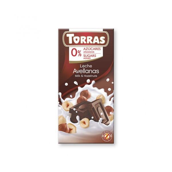 CHOCOLATE LECHE AVELLANA SIN AZUCAR 75G (TORRAS)