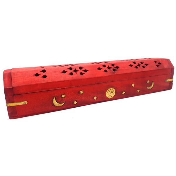 INCENSARIO MADERA BAUL ROJO LUNA Y ESTRELLAS 30CM