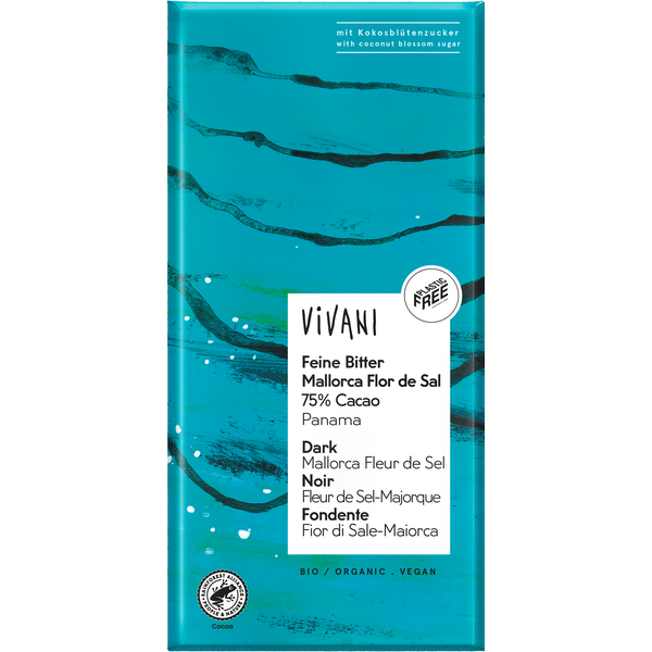 CHOCOLATE NEGRO 75% CON FLOR SAL MALLORCA Y AZUCAR COCO BIO 80G (VIVANI)