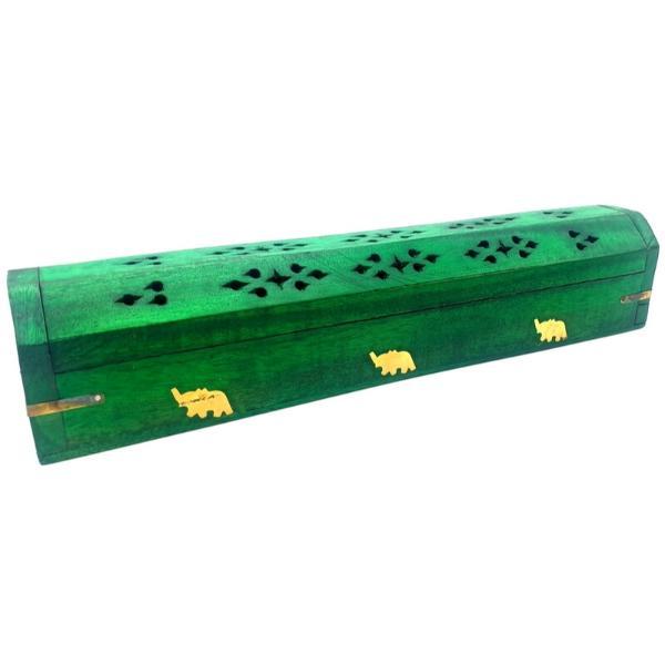 INCENSARIO MADERA BAUL VERDE ELEFANTES 30CM