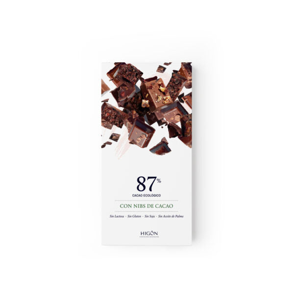 CHOCOLATE 87% NEGRO CON NIBS CACAO SIN GLUTEN 70g BIO (HIGON)