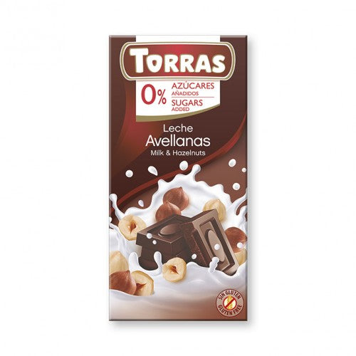 CHOCOLATE LECHE AVELLANA SIN AZUCAR 75G (TORRAS)