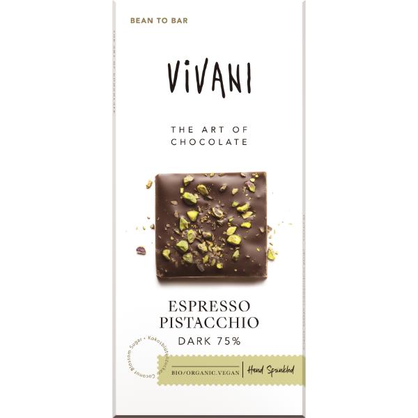 CHOCOLATE NEGRO 75% PISTACHO Y CAFE EXPRESSO BIO 80G (VIVANI)