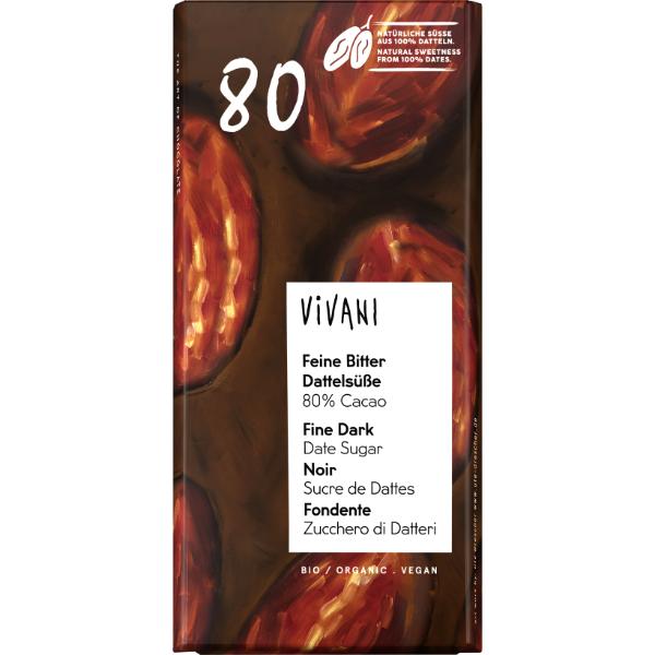 CHOCOLATE NEGRO 80% ENDULZADO CON DATIL BIO 80G (VIVANI)