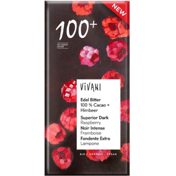 CHOCOLATE NEGRO 100% CON TROZOS DE FRAMBUESA BIO 80G (VIVANI)