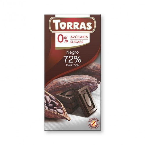 CHOCOLATE NEGRO 72% CACAO SIN AZUCAR 75G (TORRAS)
